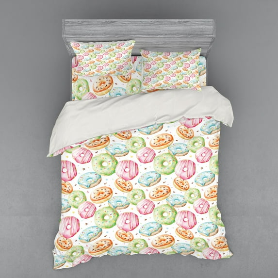 Ambesonne Colorful Bedding Set 4 Pcs, Doughnut Theme Hand Drawn, Queen, Multicolor