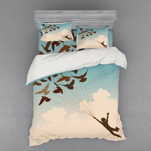 Ambesonne Colorful Bedding Set 4 Pcs, Flying Pigeons Birds, Queen, Multicolor