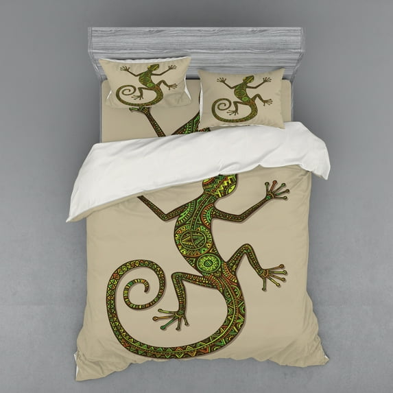 Ambesonne Colorful Bedding Set 4 Pcs, Lizard Pattern, Queen, Green Tan