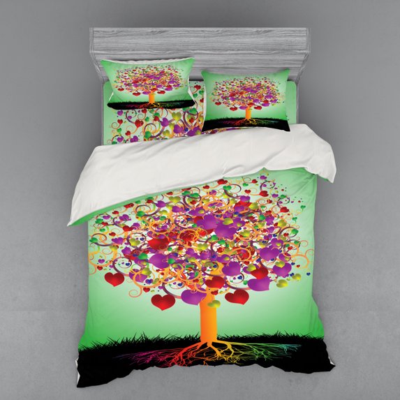 Ambesonne Colorful Bedding Set 4 Pcs, Magic Love Tree Heart, Queen, Multicolor