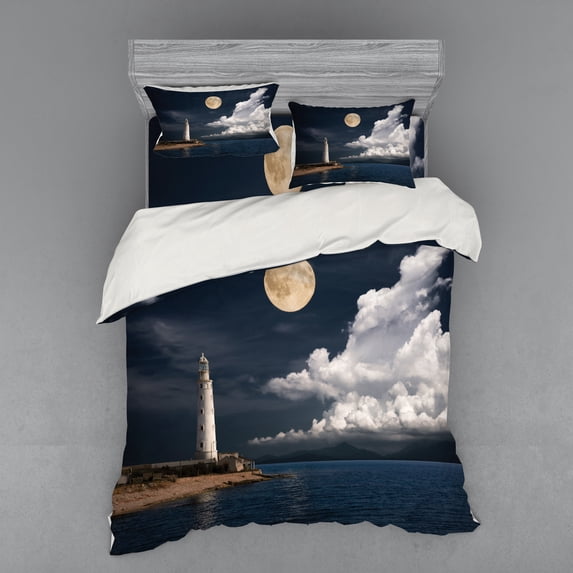 Ambesonne Colorful Bedding Set 4 Pcs, Moonlight Island Sea, Queen, Multicolor