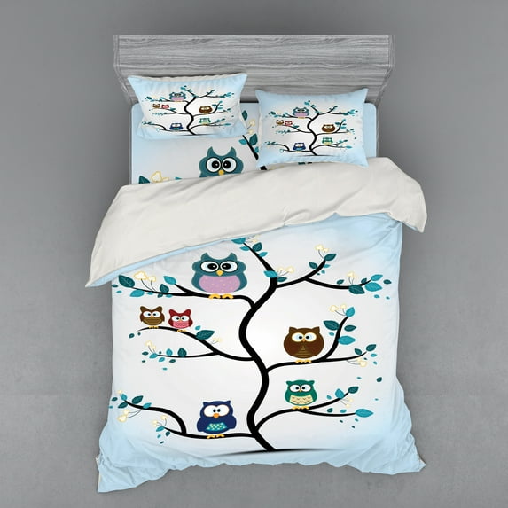 Ambesonne Colorful Bedding Set 4 Pcs, Night Animal Owl Love, Queen, Multicolor