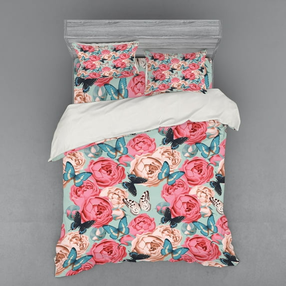 Ambesonne Colorful Bedding Set 4 Pcs, Peony Rose Butterflies, Queen, Multicolor