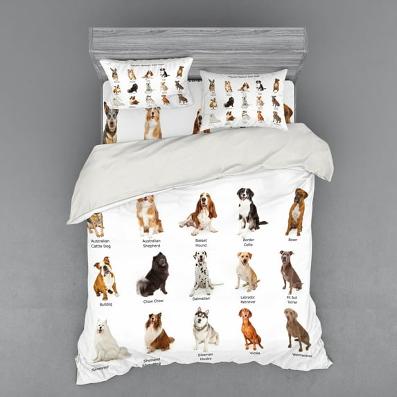 Ambesonne Colorful Bedding Set 4 Pcs, Puppy Breeds Family, Queen, Multicolor