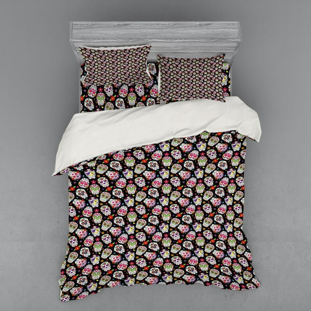 Ambesonne Colorful Bedding Set 4 Pcs, Sugar Skulls Flowers, Queen, Multicolor