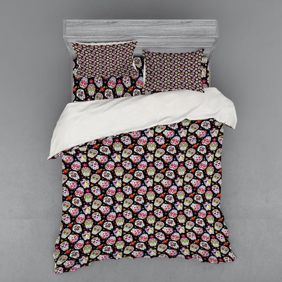 Ambesonne Colorful Bedding Set 4 Pcs, Sugar Skulls Flowers, Queen, Multicolor