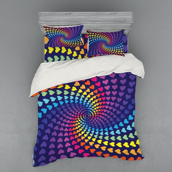 Ambesonne Colorful Bedding Set 4 Pcs, Twirl of Hearts Retro, Queen, Multicolor