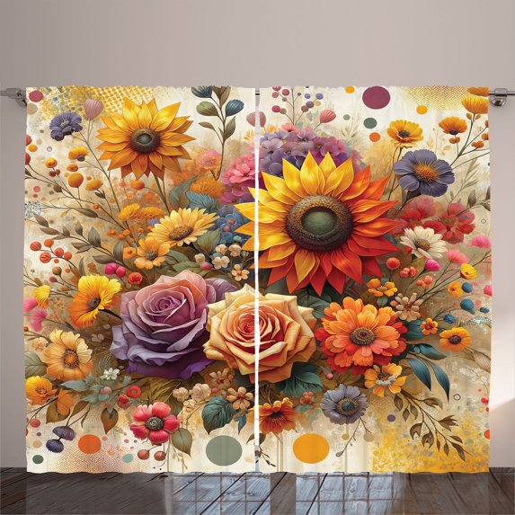 Ambesonne Colorful Curtains 2 Panel Set, Art Garden Scene Farmhouse, 108" x 63", Orange Indigo Pale Green