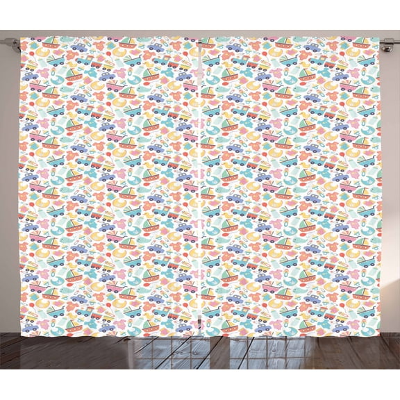Ambesonne Colorful Curtains 2 Panel Set, Clothes Train Cartoon Art, 108" x 84", Multicolor