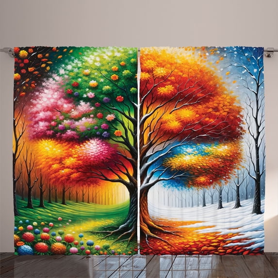 Ambesonne Colorful Curtains 2 Panel Set, Dreamy Winter Meadow Tree, 108" x 84", Burnt Orange Fern Green