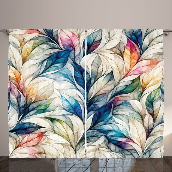 Ambesonne Colorful Curtains 2 Panel Set, Fantasy Leaves Huddle Art, 108" x 63", Aqua Beige Multicolor