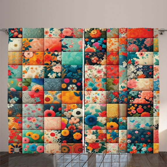 Ambesonne Colorful Curtains 2 Panel Set, Floral Patchwork Look Art, 108" x 108", Vermilion Multicolor