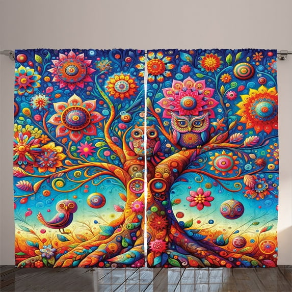 Ambesonne Colorful Curtains 2 Panel Set, Oriental Floral Vines Owls, 108" x 84", Sky Blue Orange Pink