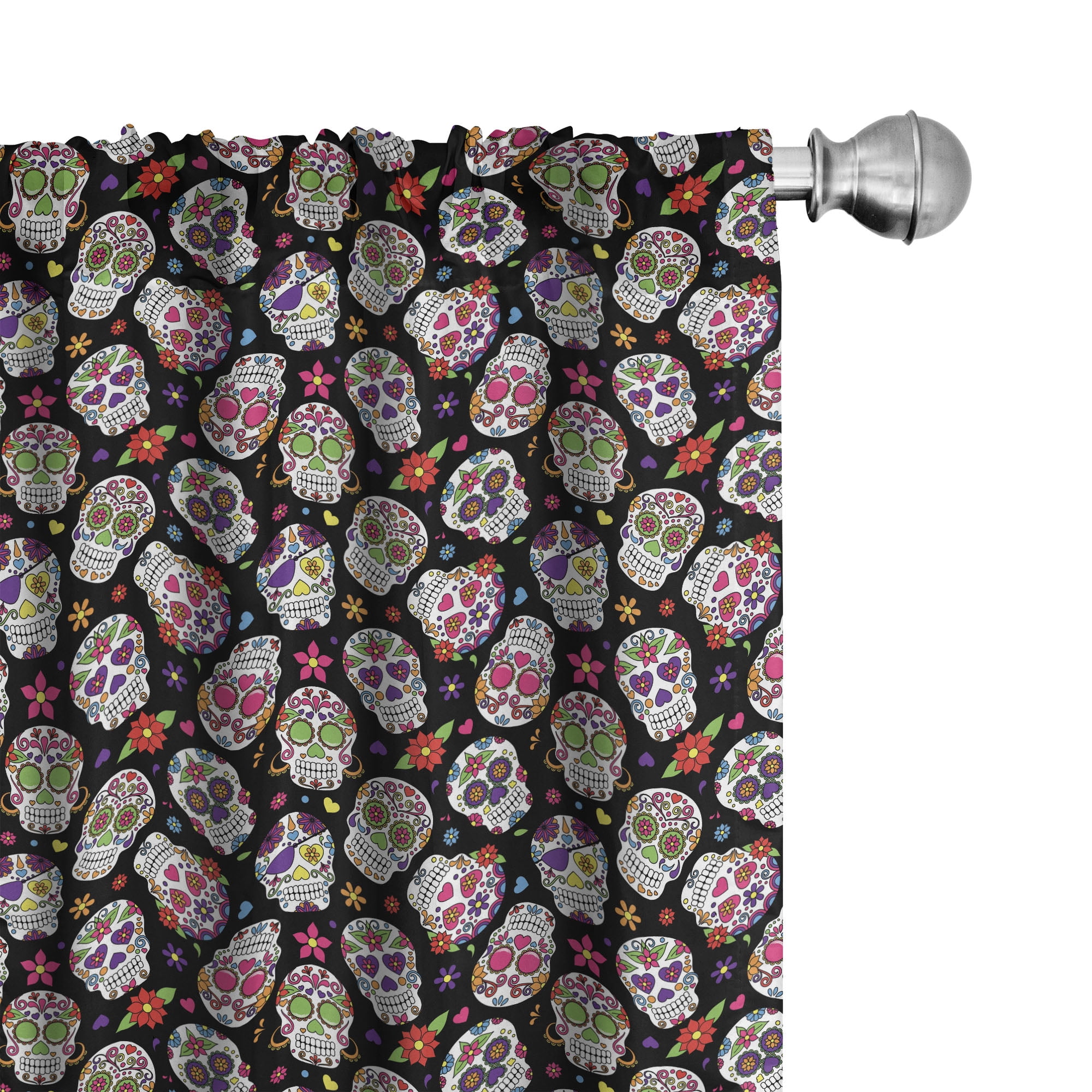 Colorful Sugar Skull Floral Polyester Rod Pocket Curtain Panels, 28" x 84"