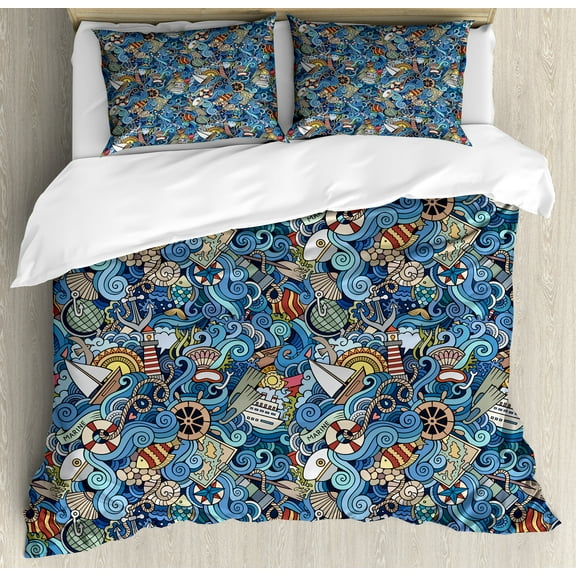Ambesonne Colorful Duvet Cover Set, Abstract Sea Shells, Queen, Blue Multicolor