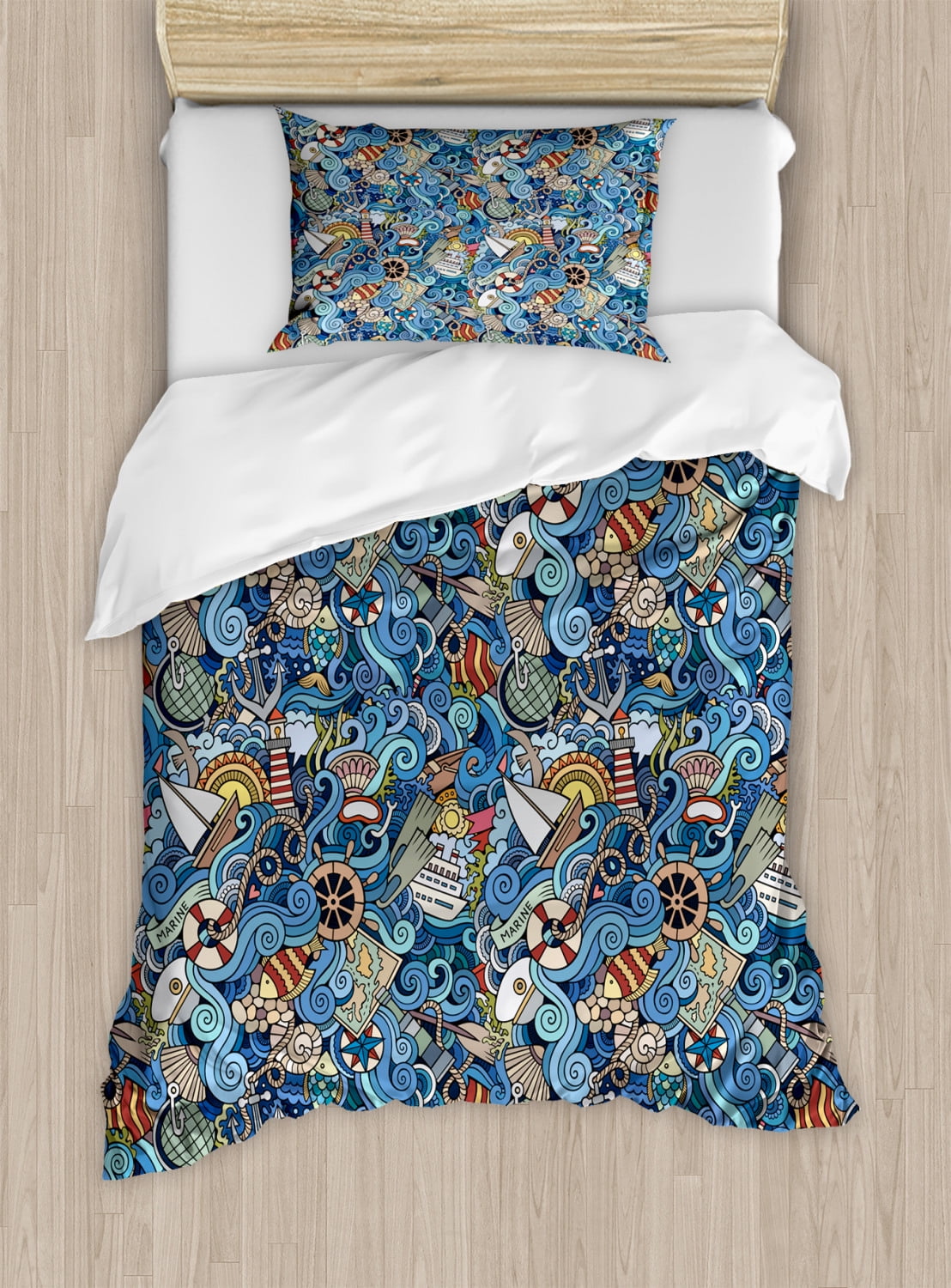 Twin Blue Multicolor Nautical Abstract Duvet Cover Set