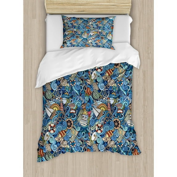 Ambesonne Colorful Duvet Cover Set, Abstract Sea Shells, Twin, Blue Multicolor