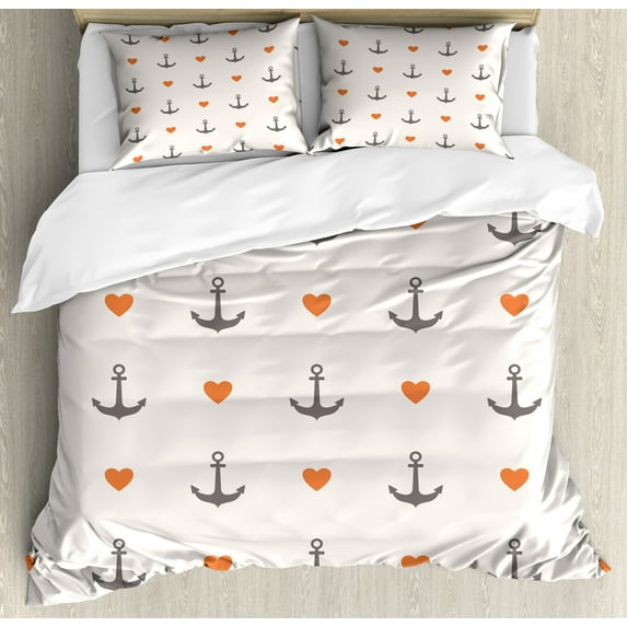 Ambesonne Colorful Duvet Cover Set, Anchors and Hearts, 2-Calking, Vermilion Grey