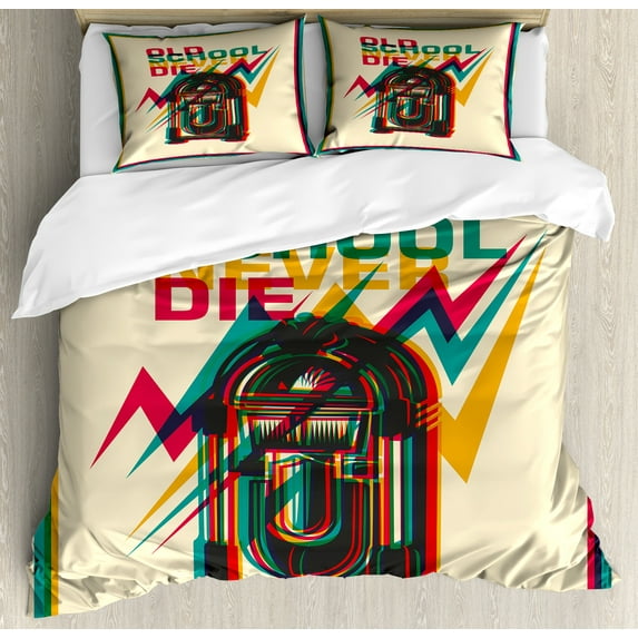 Ambesonne Colorful Duvet Cover Set, Antique Radio Words, 2-Calking, Turquoise Hot Pink