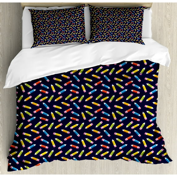 Ambesonne Colorful Duvet Cover Set, Color Pencils Art, 2-Calking, Indigo and Multicolor