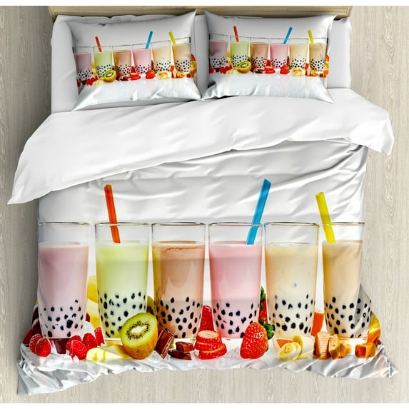 Ambesonne Colorful Duvet Cover Set, Flavored Bubble Teas Image, 2-Calking, Off White Multicolor