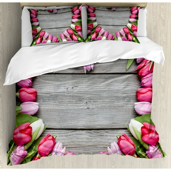 Ambesonne Colorful Duvet Cover Set, Frame of Fresh Tulips, Calking, Pink Green Umber