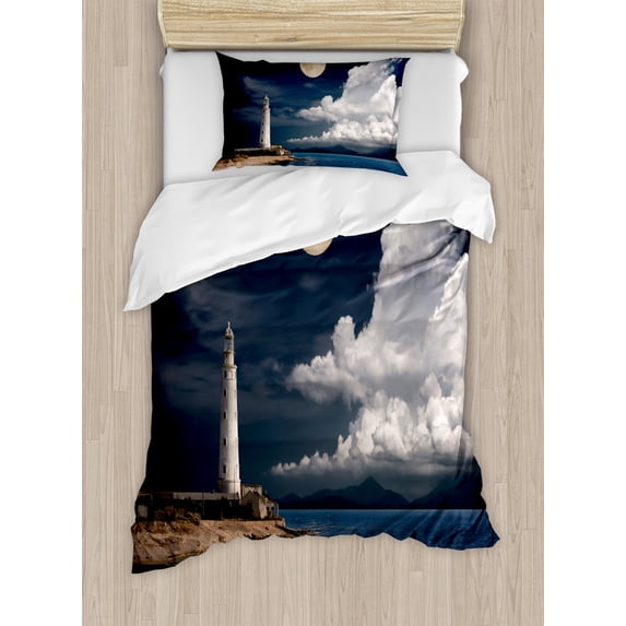 Ambesonne Colorful Duvet Cover Set, Moonlight Island Sea, Twin, Multicolor