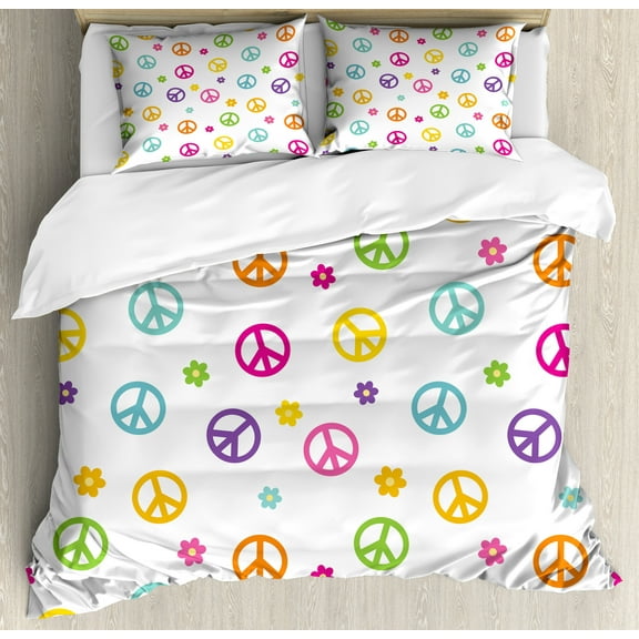 Ambesonne Colorful Duvet Cover Set, Old Peace Sign, Calking, Multicolor