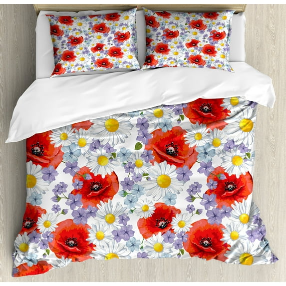 Ambesonne Colorful Duvet Cover Set, Poppy and Daisy Flower, 2-Calking, Lavender Scarlet