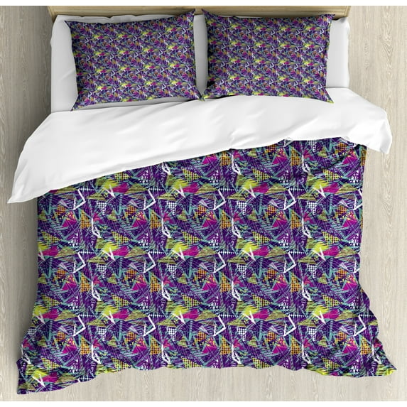 Ambesonne Colorful Duvet Cover Set, Retro Pop Art Groovy Dots, 2-Calking, Purple and Cadet Blue
