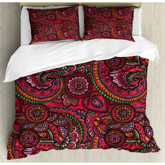 Ambesonne Colorful Duvet Cover Set, Traditional Art, King, Dark Coral Orange Green