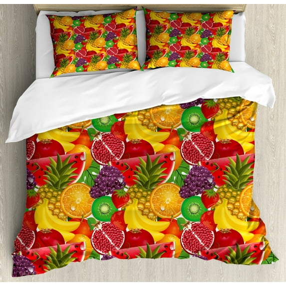 Ambesonne Colorful Duvet Cover Set, Tropical Fresh Fruits, 2-Calking, Multicolor