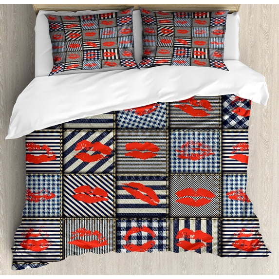 Ambesonne Colorful Duvet Cover Set, Woman Kisses Lipstick Art, 2-Calking, Black and Red