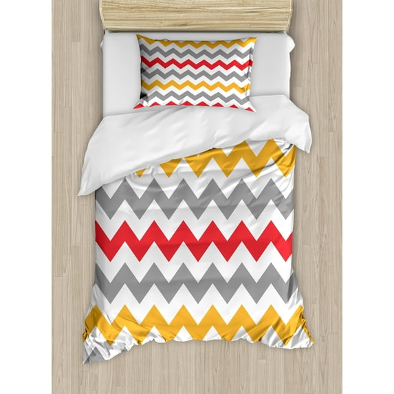 Ambesonne Colorful Duvet Cover Sets, Abstract Retro Chevron, 2-Twin, Grey Marigold Red