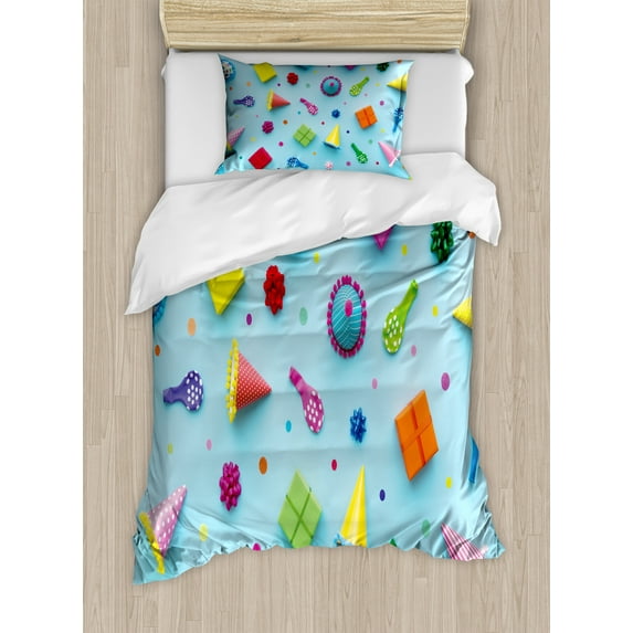 Ambesonne Colorful Duvet Cover Sets, Birthday Party Themed Art, 2-Twin, Pale Blue and Multicolor