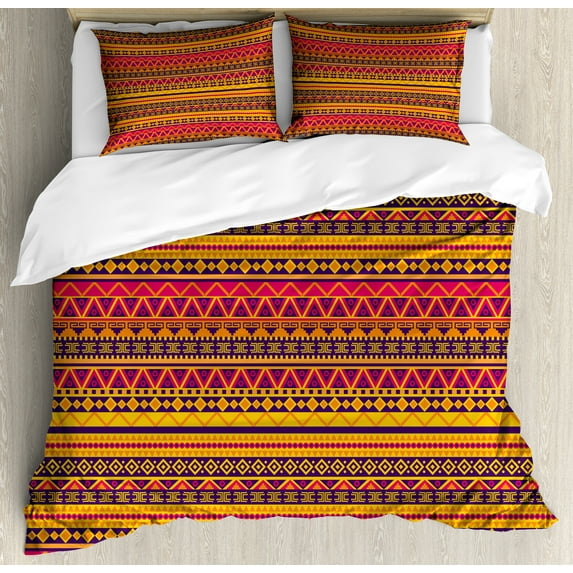 Ambesonne Colorful Duvet Cover Sets, Geometric Folk Borders, 2-King, Multicolor