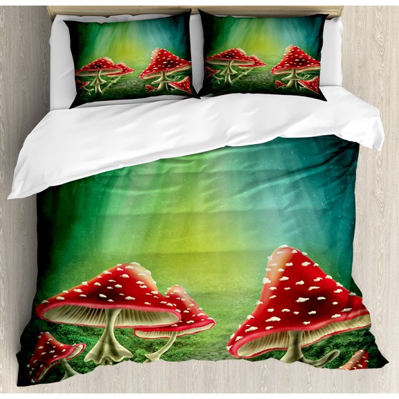 Ambesonne Colorful Duvet Cover Sets, Mysterious Mushrooms, 2-King, Sea Green Red Cream