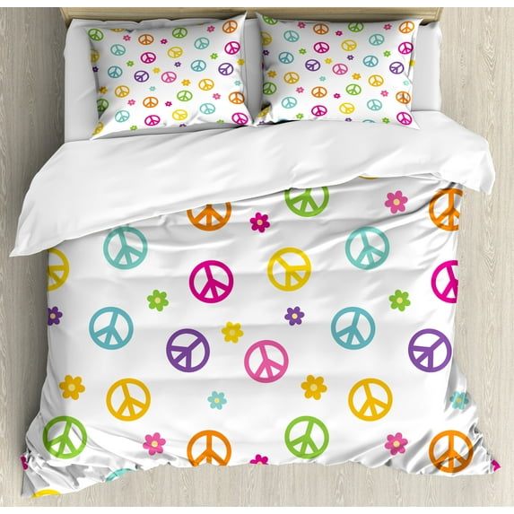 Ambesonne Colorful Duvet Cover Sets, Old Peace Sign, 2-King, Multicolor