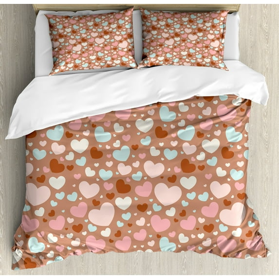 Ambesonne Colorful Duvet Cover Sets, Romantic Heart, 2-Queen, Pale Brown Pink Blue