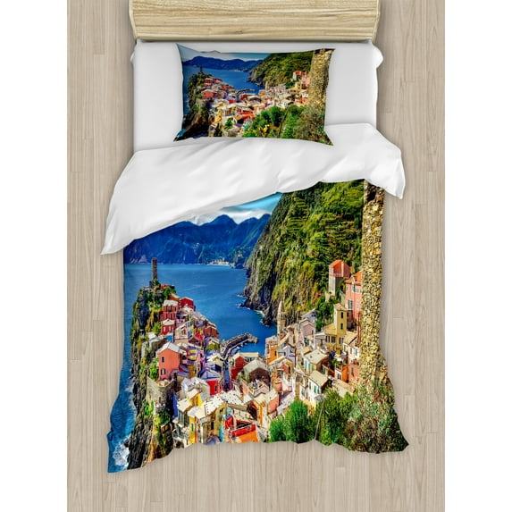 Ambesonne Colorful Duvet Cover Sets, Scenic Vernazza Village, 2-Twin, Cobalt Blue and Multicolor
