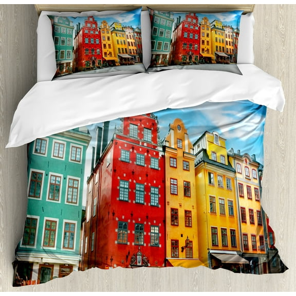 Ambesonne Colorful Duvet Cover Sets, Stortorget Public Square, 2-King, Pale Sky Blue Multicolor