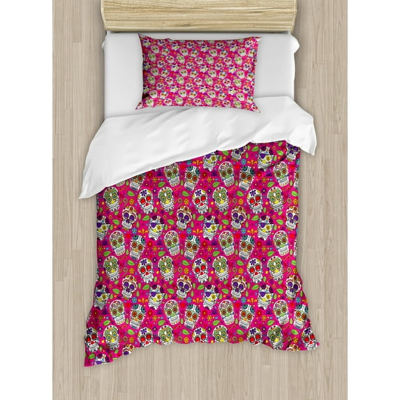 Ambesonne Colorful Duvet Cover Sets, Sugar Skull Flowers, 2-Twin, Hot Pink Purple Green