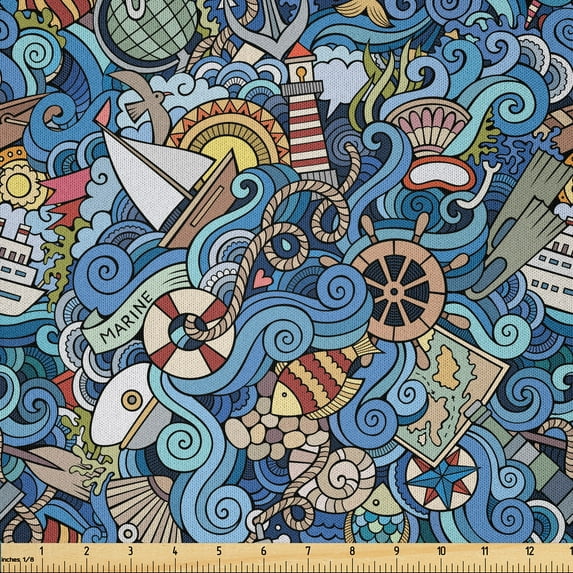 Ambesonne Colorful Fabric by the Yard Microfiber, Abstract Sea Shells, 1 Yard, Blue Multicolor