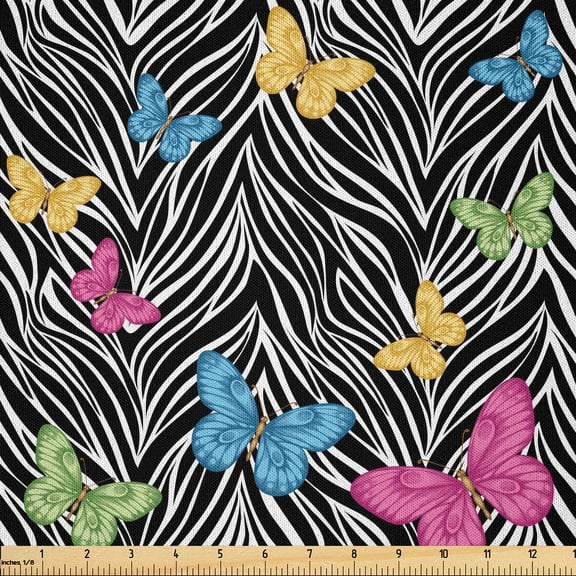 Ambesonne Colorful Fabric by the Yard Microfiber, Butterflies on Zebra, 10 Yards, Yellow Blue Pink