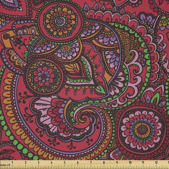 Ambesonne Colorful Fabric by the Yard Microfiber, Traditional Art, 3 Yards, Dark Coral Orange Green