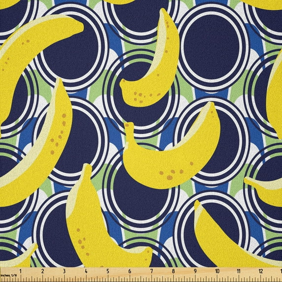Ambesonne Colorful Fabric by the Yard Microfiber, Vintage Pop Art Banana, 5 Yards, Yellow Dark Blue Grey
