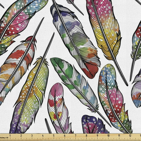 Ambesonne Colorful Fabric by the Yard Upholstery, Abstract Bohemian Feathers, 3 Yards, Multicolor