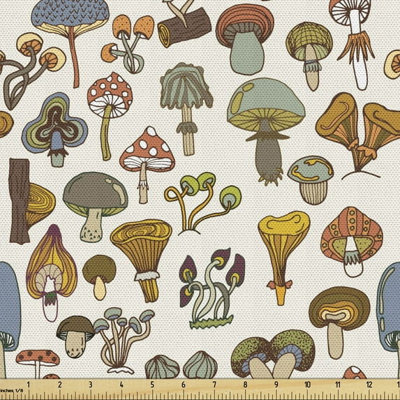 Ambesonne Colorful Fabric by the Yard Upholstery, Cartoon Mushroom Pattern, 10 Yards, Multicolor