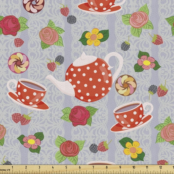 Ambesonne Colorful Fabric by the Yard Upholstery, Cartoon Tea Pots Roses, 1 Yard, Multicolor