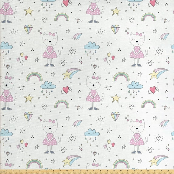 Ambesonne Colorful Fabric by the Yard Upholstery, Cats with Hearts and Stars, 3 Yards, White Multicolor